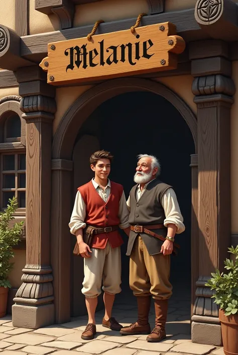 Show how a 25-year young man -old man and an 80-year-old man from the Middle Ages enter a wooden tavern of the same period. In the tavern, a separate wooden block above the door has the word "Melanie" written on it. City.Show it as a medieval city (the two...