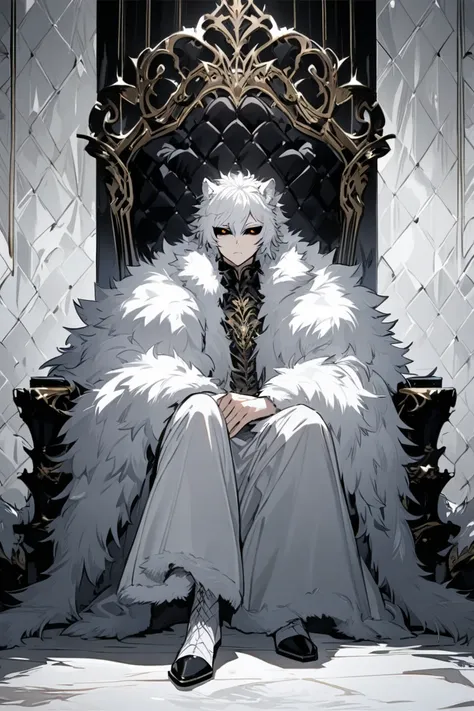 , Masculine, long white hair ,   yellow eyes and black sclera , fur coat, shirtless,  sitting on a throne, Age 26 years old appreciate young.Lion ears.