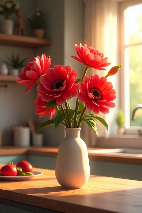 red flowers in a vase standing on the kitchen