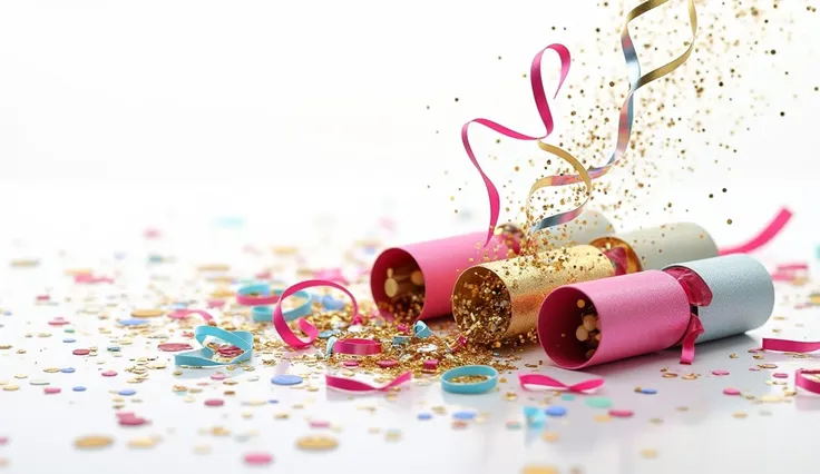 Popped party crackers with colorful streamers, confetti, and glitter scattered on a white surface, emphasizing a cheerful New Year vibe.
