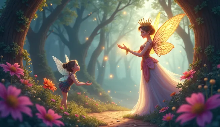 : A magical fairyland with sparkling golden lights, a queenly fairy with shimmering wings and a glowing crown, extending her hand to a curious  stepping into her world. Cartoon