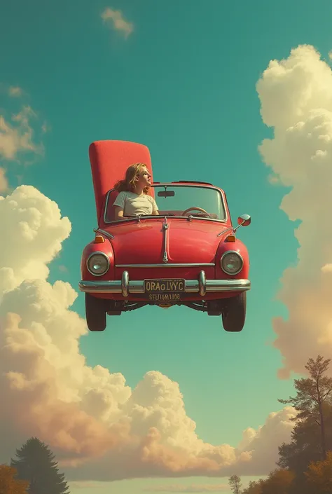  chair 、 flying in a red convertible 、Showing skirt-turned-up pants、Eye contact