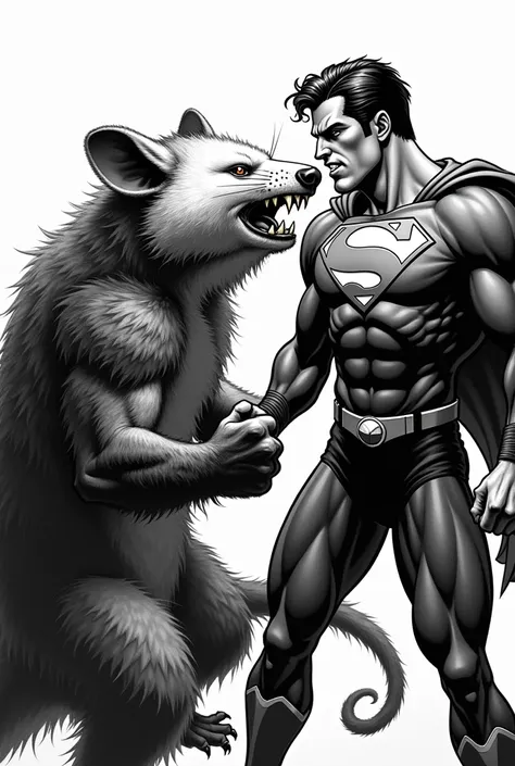 Make a muscular black and white possum punch Superman in the face 