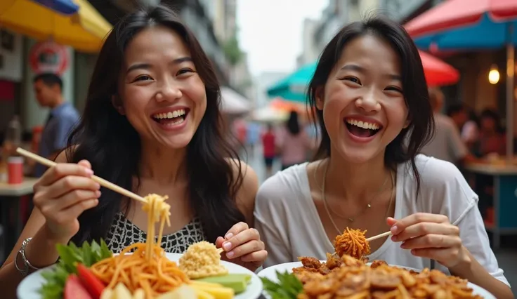 Realistic photos of two 25-year-old Thai women happily eating street food on Khaosan Road