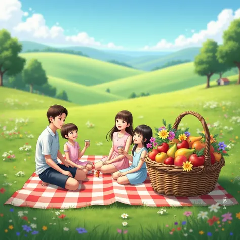 A picnic on a green meadow with a basket of fruits and flowers