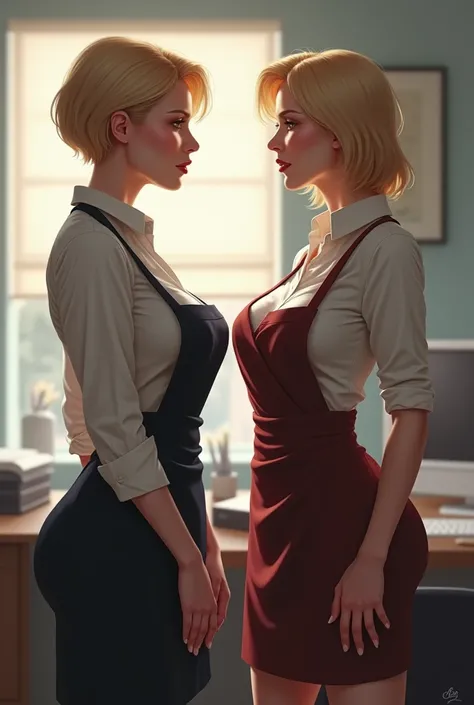 secretary, Office, s, hellblond,  full lips,  hourglass figure,  very short hair ,  huge breasts , Russian, apron,  photorealistic , perfect breasts, big breasts, Look pleasantly surprised,  next to it a second woman with very small breasts who looks at he...