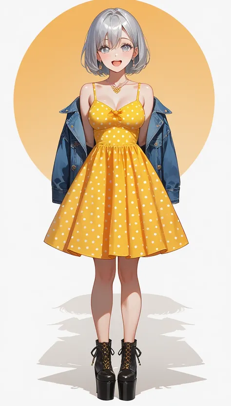 score_9, score_8_up, score_7_up, ((full body shot)), (silver hair), (bob cut:1.2), bang between eyes, (silver eyes:1.5), 1 beautiful girl, cute face, beautiful face, pretty face, beautiful, middle breasts, BREAK (yellow orange polka dot pattern sundress), ...