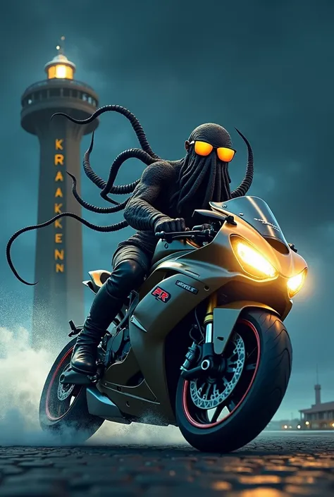 Squid wearing sunglasses and angry riding a sports bike at night and with a tower in the background and that he puts the word in the tower "KRAKEN RIDERS "