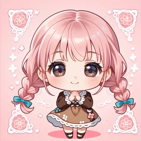 (1 Chibi Girl, Alone:1.3), cute,  eyes closed， ( dark eyes:1.1), ( pastel pink hair :）
Arranged braids ，

Nod，Pekori，greeting， thank you，


whole body，Hands clasped in front，，Kikomaru ， brown dress，
，(  Masterpiece  ,  top quality,  super detailed:1.2),sol...