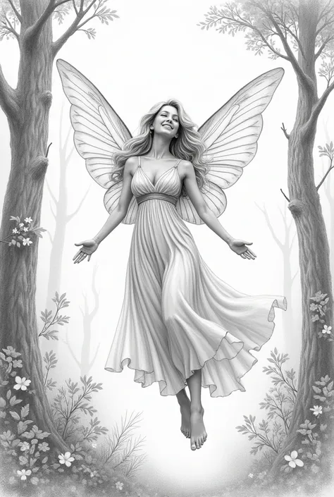 (full body black and white pencil drawing sketch of smiling blonde fairy flying with shining wings, long dress in a MAGIC FOREST (Realistic illustration style with outline lines,  better quality ,  very detailed ,  masterpiece , 4k)