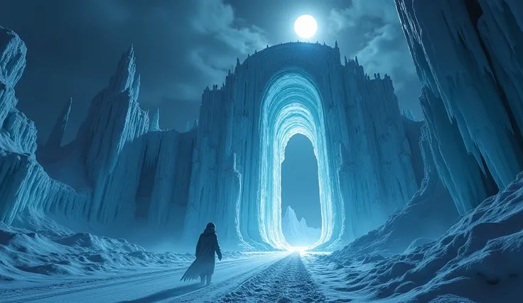  unusual Photorealistic professional horror movie image, , the majestic terrifying Ice Palace in the form of an open monsters mouth , sparkling under the moonlight ,  magical fantastic architecture , creating a grand spectacle .  Majestic ice walls ,  spar...