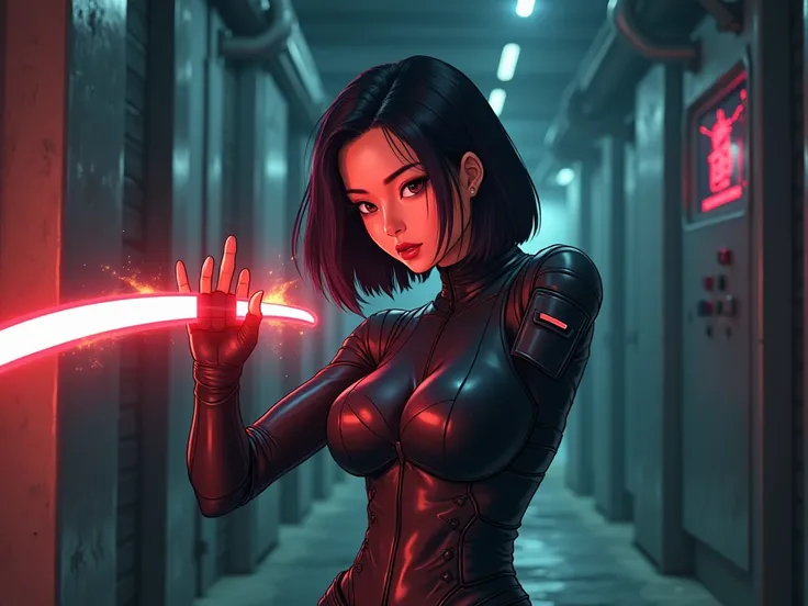 cartoon style, cyberpunk aesthetic, a 20s Korean woman with sleek waist-length black hair, wearing a fitted black biker suit with subtle futuristic details, standing in a dimly lit alley with metallic walls, activating her high-tech energy blade on her wri...