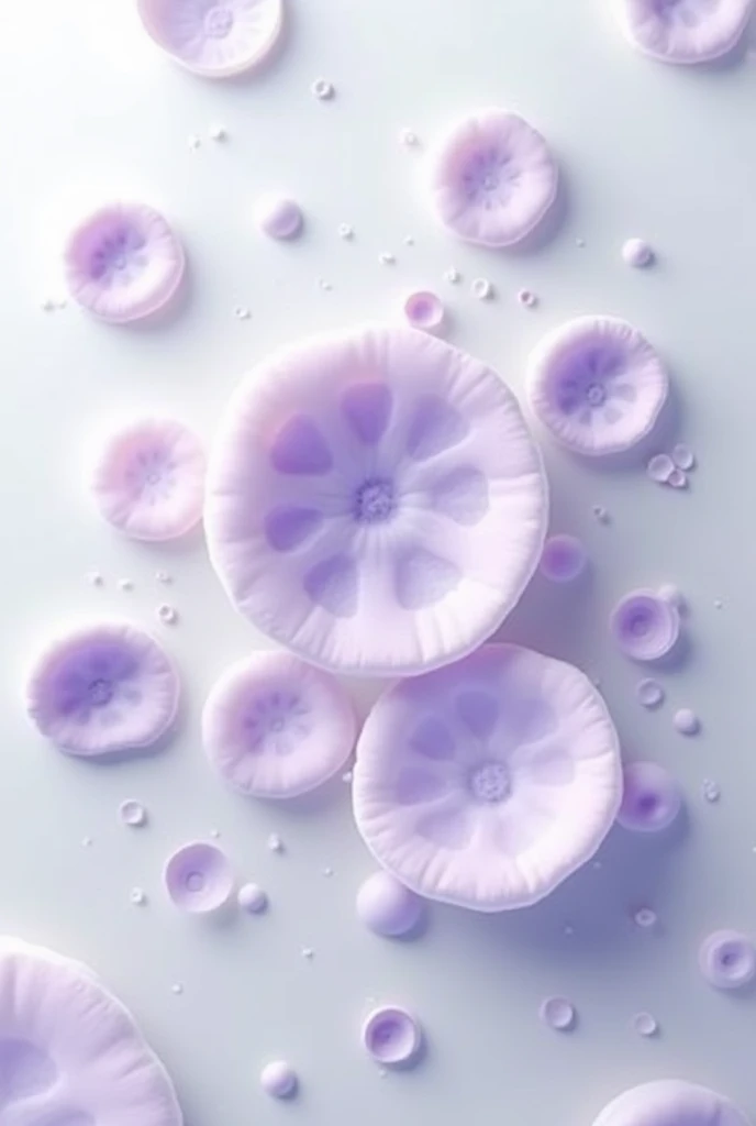 biological cells, smooth, beautiful bio, round, white purple, on a light white gray background


