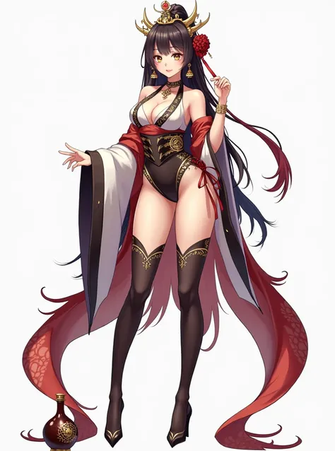 A full-body illustration of an anime-style Vtuber character, exuding a mature and elegant aura. The character is a gender-swapped interpretation of Shuten Douji, featuring a stunning and curvaceous figure. They are adorned in intricate, traditional yet mod...