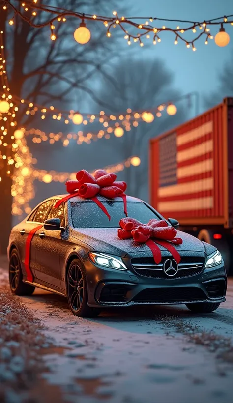 In the foreground is an American car in a festive package, like a gift ,  with a bright red ribbon and a big bow on the roof .  Nearby is a cargo truck container with an American flag and snow on the top,  symbolizing delivery from the USA . The atmosphere...