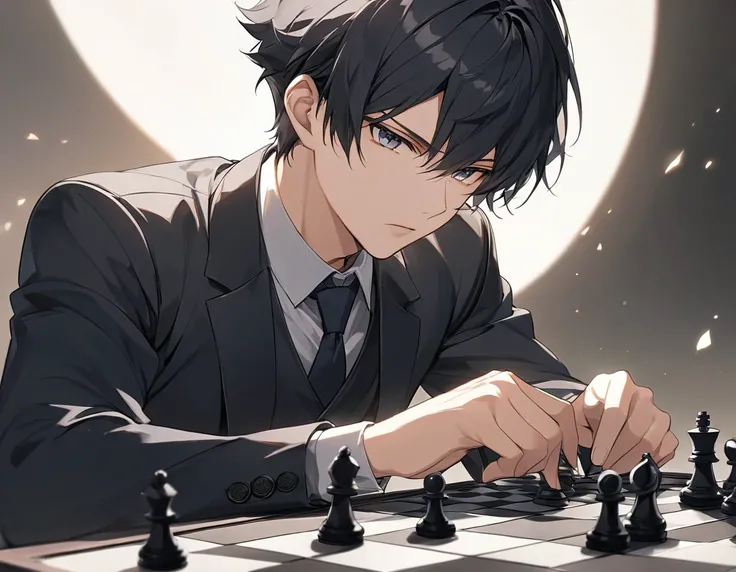 An anime-style of a young genius playing chess, with a focused and intense expression. His youthful face is sharp and defined, with angular features that exude both intelligence and determination. reflecting a mixture of deep concentration and calculated s...