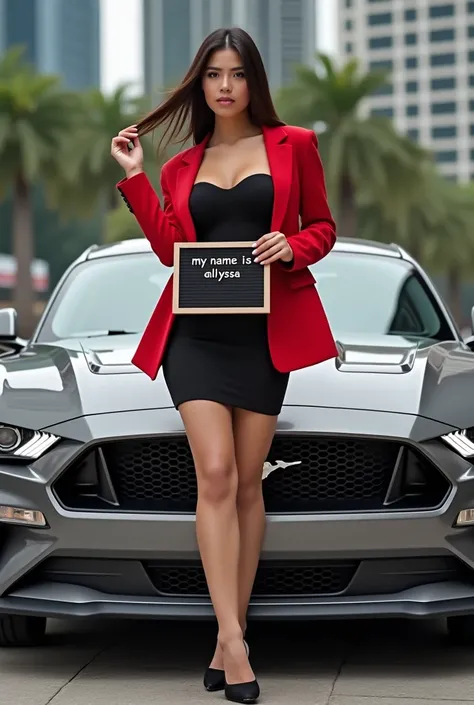 A realism photography of beautiful women, medium breasts, is wearing black high heels, black dress, red jacket, was standing beside grey Mustang car at Kuala Lumpur city centre. She was holding a mini board saying " MY NAME IS ALYSSA"