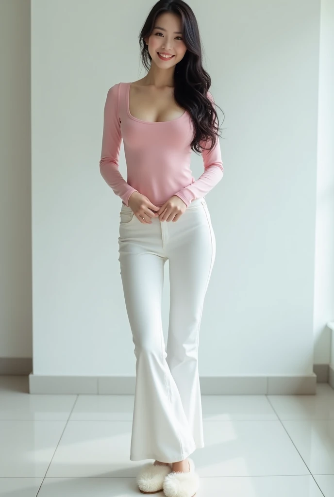 ( best quality ,4K,8k, high resolution,masterpiece，Ultra HD - High Definition、), extremely detailed, focus clearly， super pretty Korean woman，20 years old， beauty with perfect body ，Pear-Shaped Body， long black hair ，Single ponytail， white skin ， smooth sk...