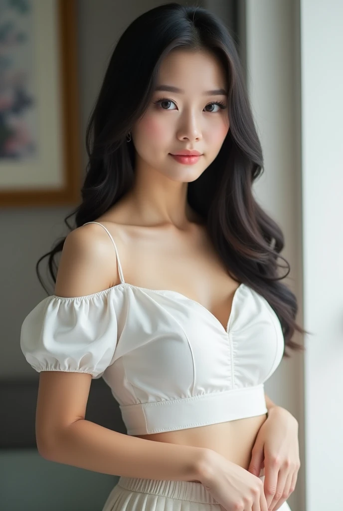 Photo of beautiful Thai-Chinese woman, 22 years old, big round eyes, black long straight hair, Good figure with B-cup breasts, wearing white short off-the-shoulder blouse pair with short knife pleated skirt in same color. Allow her perfect breasts and slen...