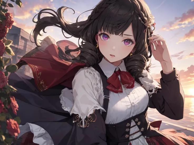 Solo, 1 girl, (human ear, earring), (black hair), (lying on ground with arms raised, sexy pose), (sexy expression), (hair accessories), (suspenders, garter belt stockings, skirt, cape), (sunset sky, sunset, evening sky), (focus on breasts), (high resolutio...