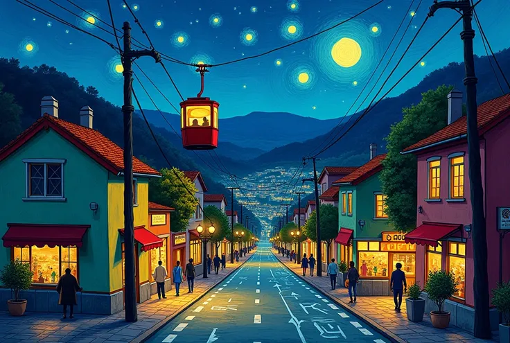 Generate an illustration with a street in the middle,and on the left side like the right without much detail the Simple Houses , a cable car above the houses.  at night , with hills on the back, similar to the works of Vincent van Gogh 