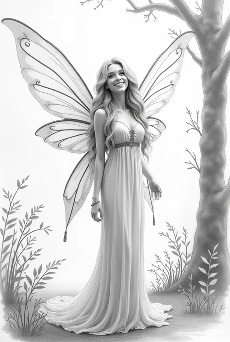 (full body black and white pencil sketch of smiling blonde FAIRY with shiny wings, long dress in a MAGIC FOREST (Realistic illustration style with outline lines,  better quality ,  very detailed ,  masterpiece , 4k)