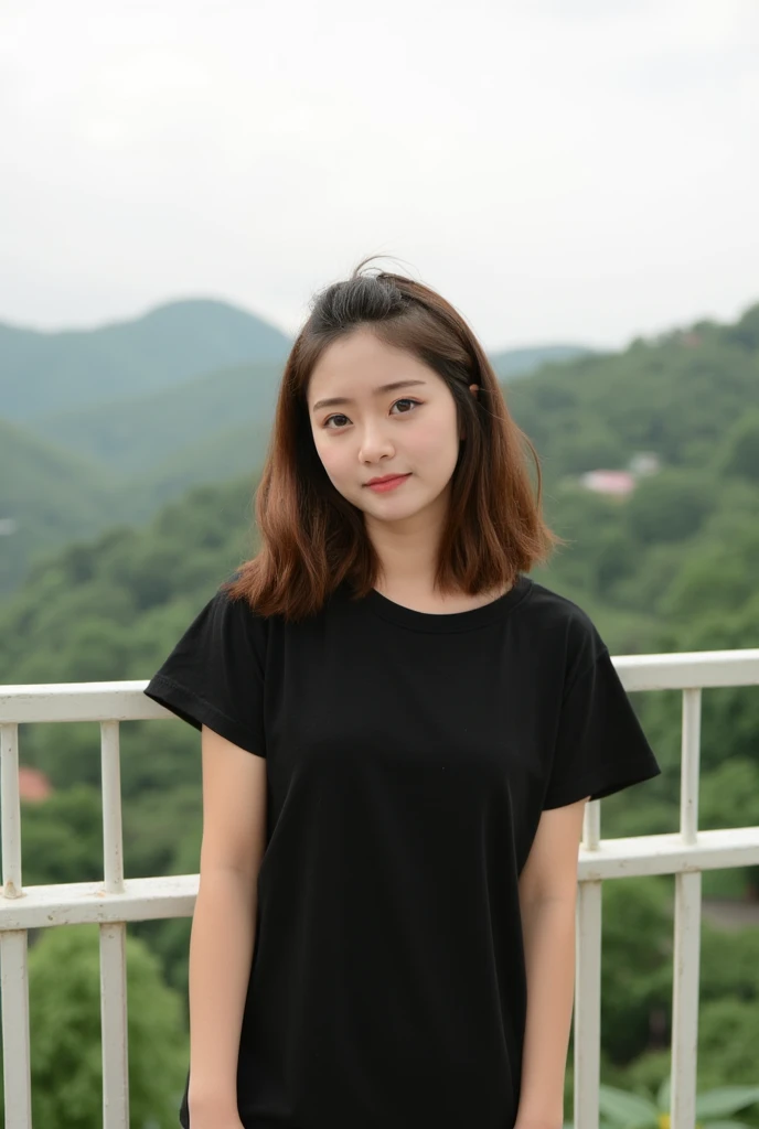 
a young woman with long brown hair, wearing a underbob cut black t-shirt and a pair of korean sport shorts. She is standing in front of a white metal fence, adding a pop of color to her face. The backdrop is a lush green forest, with a white sky , smirk ,...