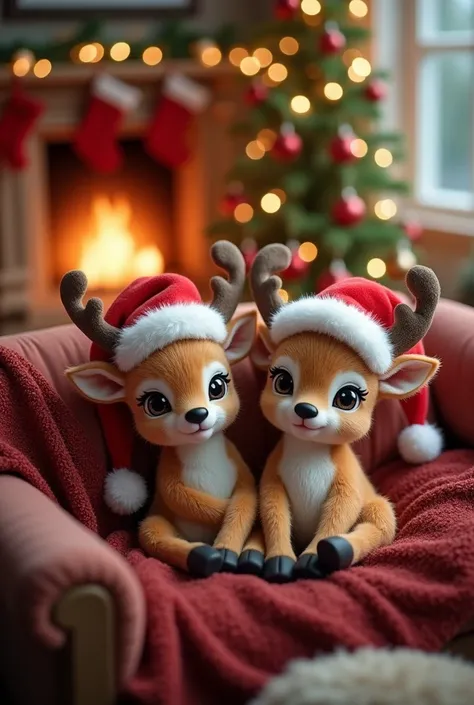 Santa Clauss reindeer babies in Santa Claus hat sitting on a couch with Christmas decoration