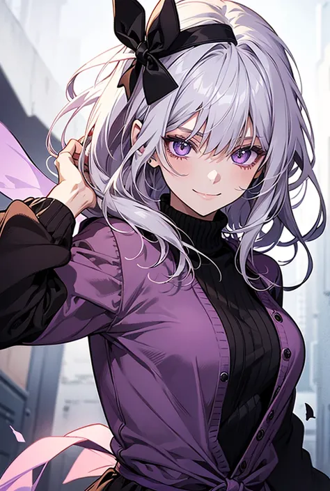 Create an image of a female character, anime, highlighted, about 20 years old, long white hair, bangs, right eye is green, left eye is purple, smiling, wearing a purple collared dress, tied a bow at the collar, wearing a black sweater over the shoulders.