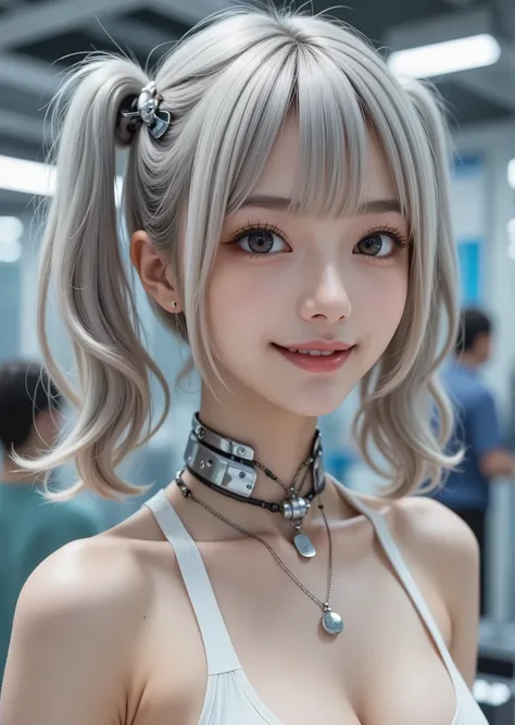  beautiful face,The face is Japan , 1 female, big,  carvicious , (16k,  RAW photos ,  top quality,   Masterpiece  : 1.2), ( high definition ,  realistic ,  Photorealistic: 1.37) (  TUBE CONNECTED TO TUBE ), ( bikini cyborg robot parts)))), ( light grey hai...