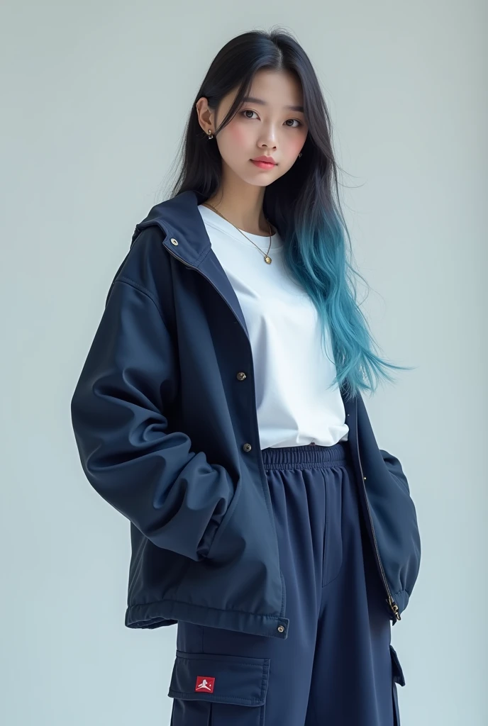  A beautiful Korean girl wearing a white t-shirt ,,navy jacket  ,, navy cargo pants  ,, long straight hair three layers multicolored color navy wear Jordan shoes black navy 