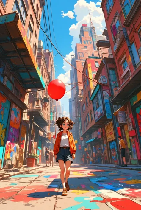 a girl with a red balloon in New York City, is walking down the street with her hair tied up casually and big expressive eyes, street art style

