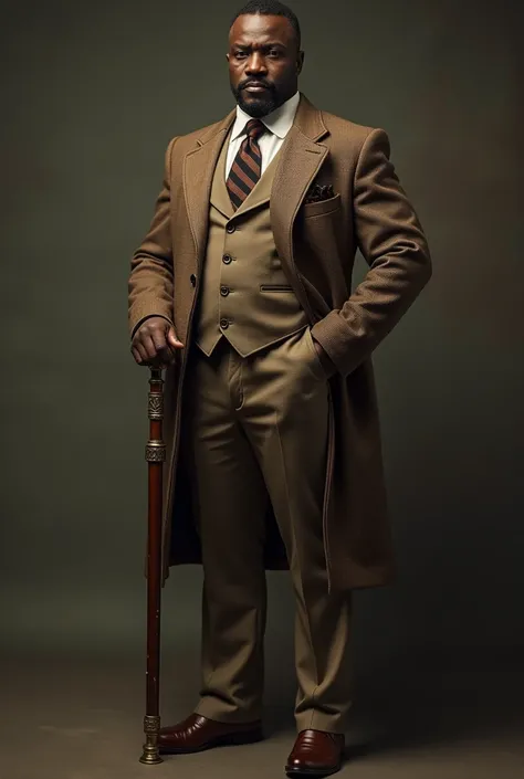 An image of an African middle sized man putting on a suit like that of the peaky blinders brown in colour with a walking stick and bell bottom pants plus high sole boots