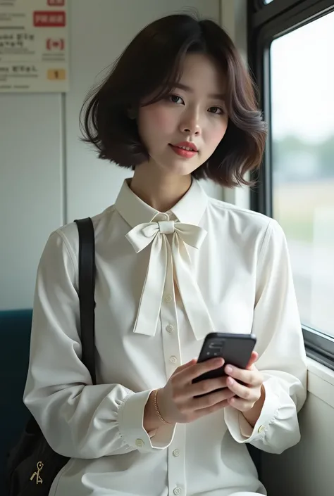   Theres a woman wearing a bow tie and white shirt,  short hair  ,   BEAUTIFUL KOREAN WOMAN WITHOUT UNDERWEAR ,  Korean Girl,  Song Yun-joo  , Cute Korean Actresses,   A Gorgeous Young Korean Woman  ,  Lee Ji-in  ,  Lee Ji-eun , Shen Tongchen ,   Elegant H...