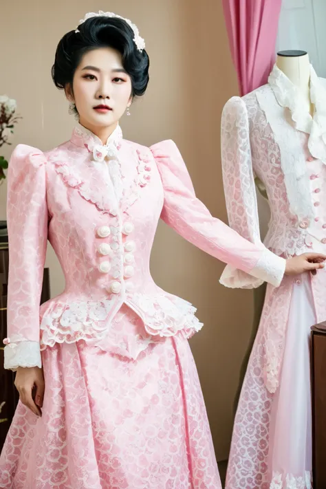 A Korean man in ladies vintage suit dress, he is crossdresser, big breast like a woman, slender female body, His hairstyle is short and manly, pink and white, Rich lace and frills, long sleeves, mermaid skirt, silk