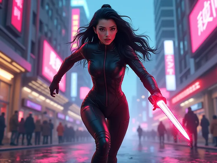 cartoon style, cyberpunk aesthetic, a 20s Korean woman, long waved black hair, wearing a fitted black biker suit with subtle futuristic details, running down a futuristic city street at high speed, her energy blade glowing bright red in one hand, sparks fl...