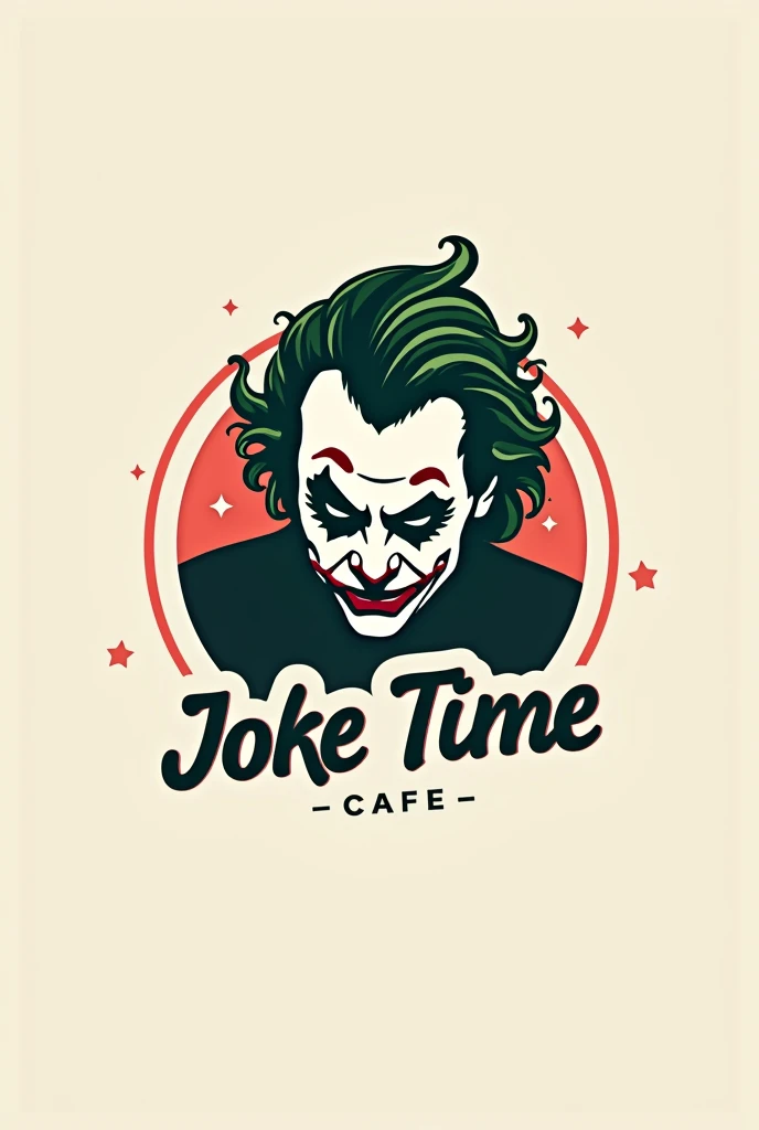 logo for a cafe or restaurant named Joke Time. Joker from the movie ,  Joker as a background and the name Joke Time on the front.  Joker silhouette should not be scary , more like the . make the background clean without drawing