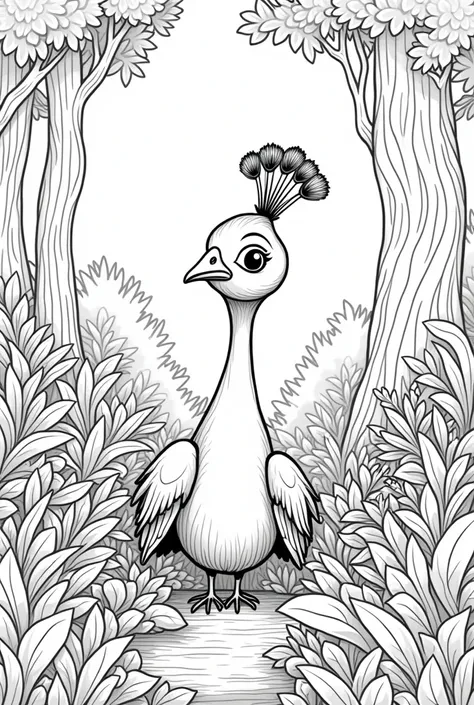 "Create a black-and-white illustration for a rens coloring book. The image should feature a baby peacock in a forest setting. The baby peacock and the forest background must both be in black and white, with bold, strong, thick, and well-defined lines suita...