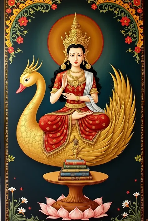 "A traditional Burmese painting depicting a deity-like figure seated on a golden Hamsa bird, a mythical swan-like creature with intricately detailed golden feathers and patterns. The woman figure wears an elaborate golden crown, a red and gold traditional ...