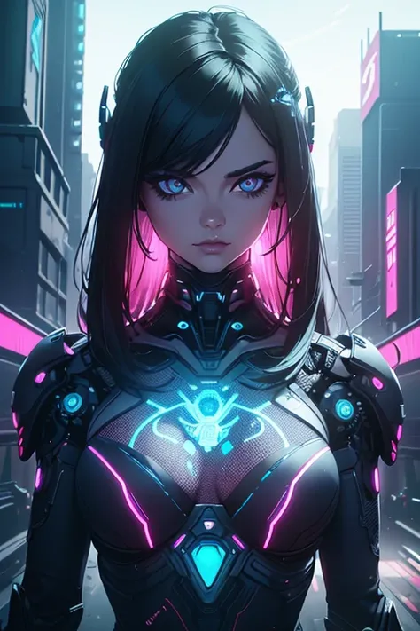 a beautiful alien woman, intricate futuristic sci-fi cyborg female portrait, hyper detailed face, stunning cyberpunk aesthetic, glowing neon lights, dramatic shadows, neon cityscape background, intricate mechanical parts, glowing energy effects, highly rea...