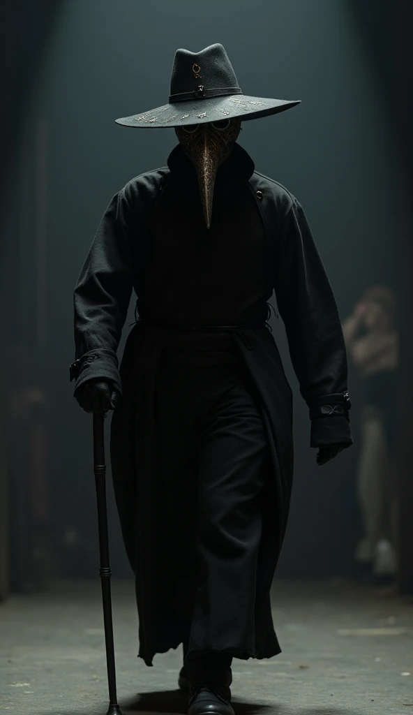  A 38-year-old man walks across the stage in a full Black Death doctor costume.  His long-beaked mask is decorated with ancient runes ,  and a wide-brimmed hat completely covers your face .  He carries an iron-tipped cane and moves with an unsettling slown...