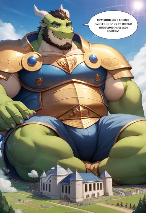 nj5furry, dragon, beast field，chubby, muscular thick arms，strong muscles，green scales, shorts，Plush, wearing a royal robe，chubby face， black eyebrows， sky blue eyes，beard， friendly smile，Sitting on the grass,on the stomach, Daddy , (From underneath:1.1)，li...