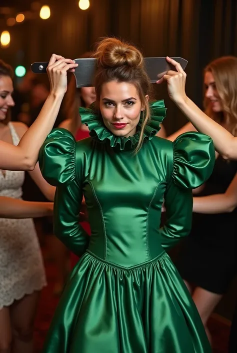 (realistic photograph sideways close up, low pov), (an accommodating beautiful Caucasian lady with (messy hair bun) and wearing (shiny green glamorous silk dress with (long gigantic puff sleeves), (and with an ultra high tight stand-up collar up to her che...