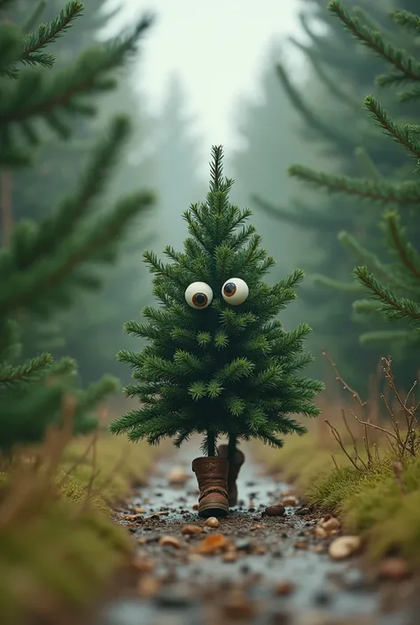 surrealism
an elegant and cute anthropomorphic Christmas tree with two eyes flees the spruce forest
in boots,
who runs to save himself from the lumberjacks with axes , who run behind him ..
HDR
humor