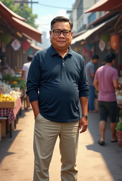 Caricature 4D.  indonrsian man 40 years old  . short wearing glasses is not fat.  wearing dark blue long-sleeved shirt. college shoe color pants .cream.  standing facing the camera .  At the market . realistic focus 