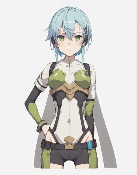  close-up of a figure with a gun in hand ,  Shinons avatar in GGO ， Shinons avatar in GGO 。 she has long light blue hair 、Has green eyes 。 with tactical yellow-green attire、 wears body armor and boots and 、 in a digital battle field 、 has a tense vibe 。 bl...