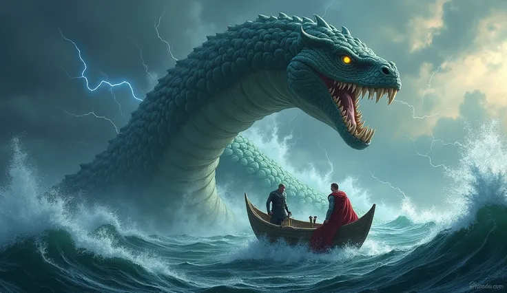 Jormungandr Rises from the Depths, Terrifying Hymir

*The ocean boils with fury as the immense, coiled body of Jormungandr, the Midgard Serpent, bursts through the surface of the water. Its monstrous head towers above the small wooden boat, water cascading...