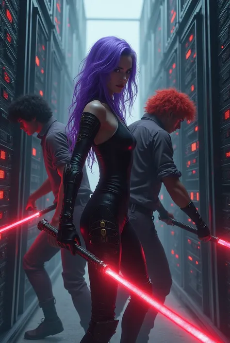 One woman, skinny, warriornes, violet hair. One man, black hair and long black bierd, masculine. second man, red hair, red bierd, masculine. all of them together fighting against IT network equipment with swords