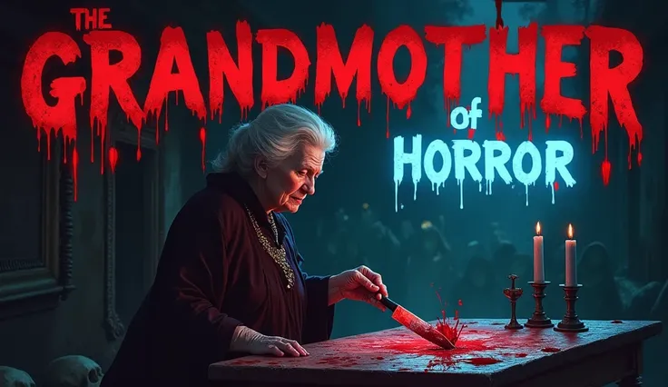  Grandmother and the Macabre Ritual
Text : "THE GRANDMOTHER OF HORROR " ( in large, bloody red letters ,  centered on the top of the miniature ).

Additional text: " A Ritualistic Secret " ( in small size ,  Just below the title ).

 Positioning of the tex...