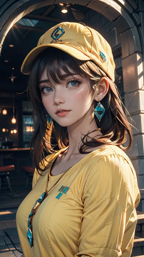 Ski Style, miku  have sune,   Masterpiece  ,  top quality,  1 girl , , Aqua Eyes,  cap,  closed mouth ,  earrings for a woman alone,  have , hoop  earrings for a woman alone, gem,  Watch Viewers,  shirt,  simple background, Alone,  upper body, yellow  shir...